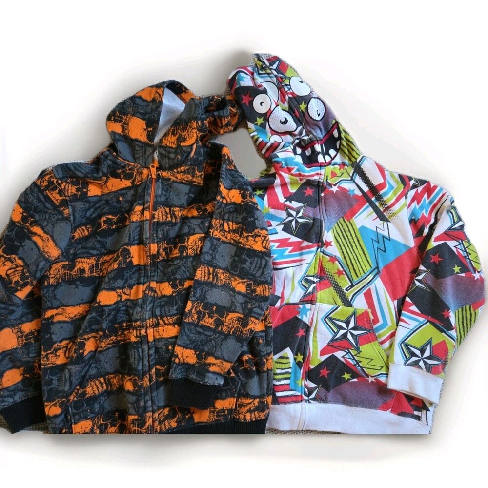 (2) SK2 Apparel Boy's L (10/12) Hoodie Bright Graffiti Print Colorful Zip Up